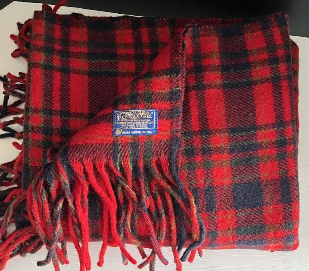 Vintage Pendleton Plaid 100% Wool Fringe Blanket Red Blue Made USA Approx. 52x72